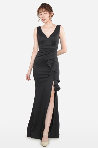 Aretha Deep V Slit Dress - Black