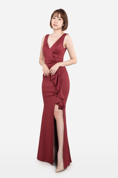 Aretha Deep V Slit Dress - Wine