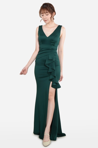 Aretha Deep V Slit Dress - Green