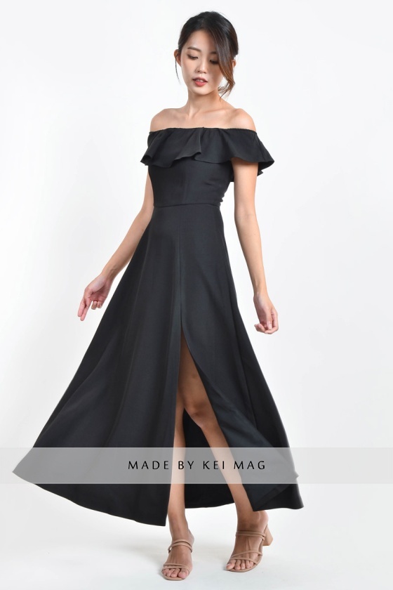 Macken Off Shoulder Slit Maxi Dress - Black