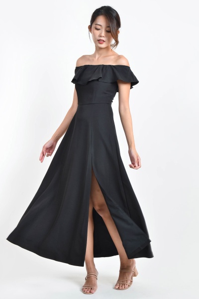 Macken Off Shoulder Slit Maxi Dress - Black