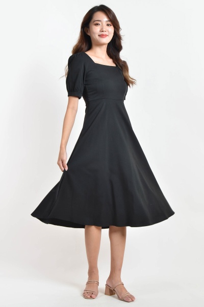 Charlotte Puff Sleeve Midi Dress - Black