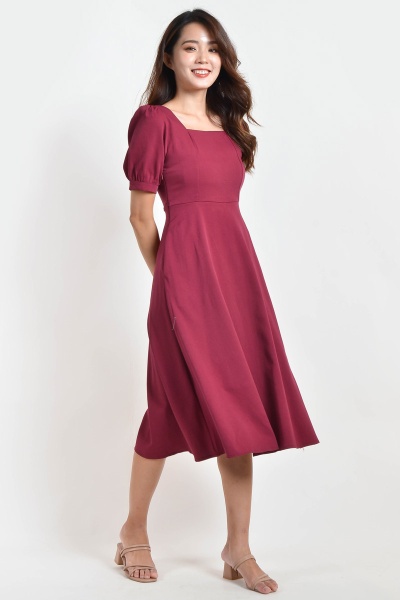 Charlotte Puff Sleeve Midi Dress - Wine