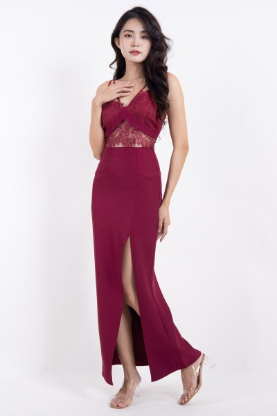 Mila Lace Top with Slit Skirt - Wine