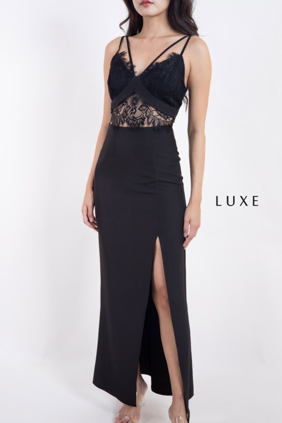 Mila Lace Top with Slit Skirt - Black