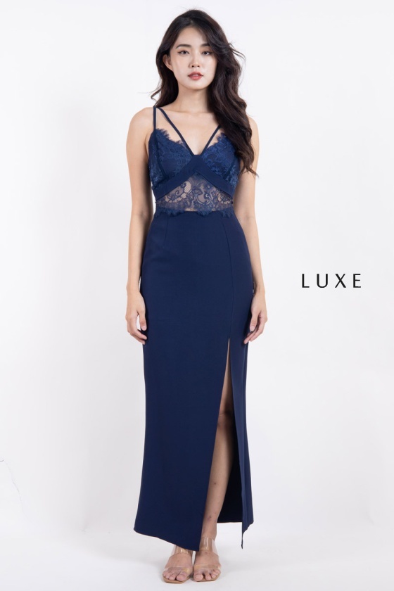 Mila Lace Top with Slit Skirt - Blue