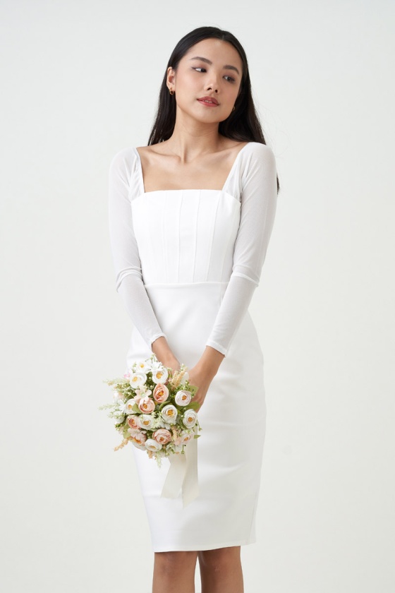 Marisa Mesh Dress with Sleeve - White