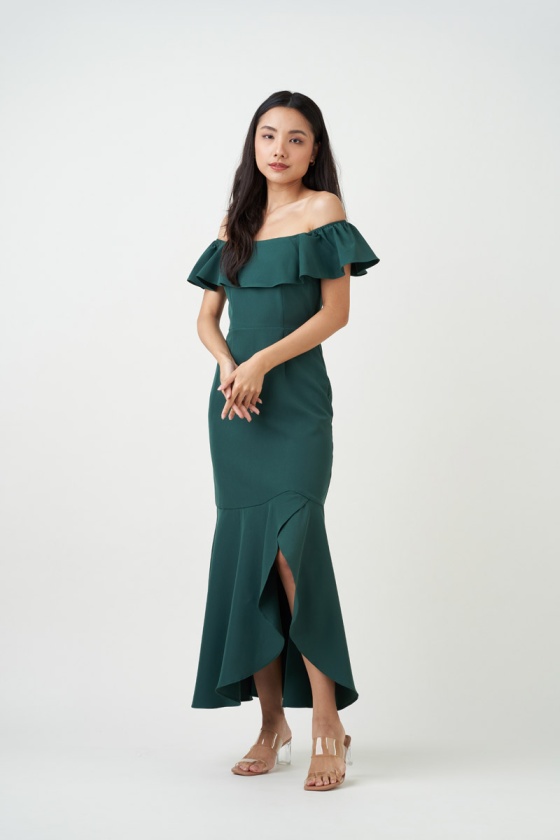 Elle Ruffle Dress with Slit - Green