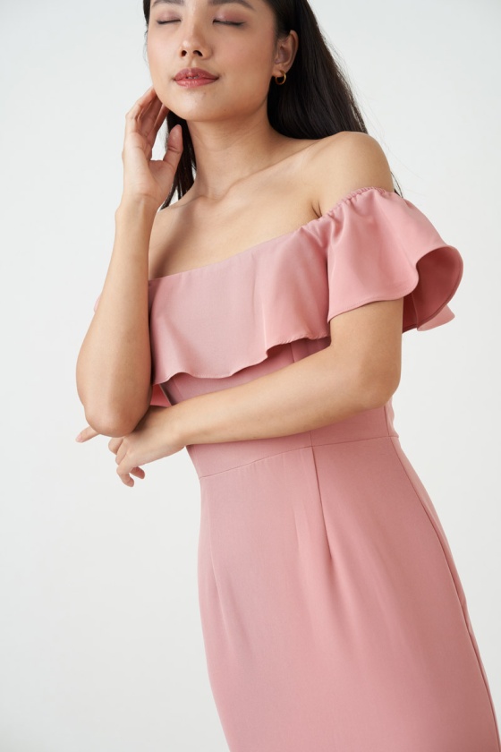 Elle Ruffle Dress with Slit - Pink
