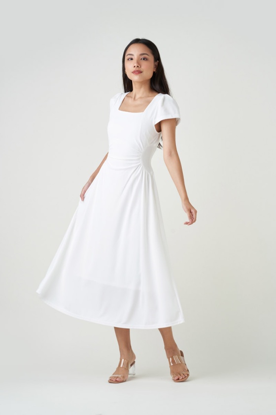 Bailee Cinched Waist Dress with Sleeve - White