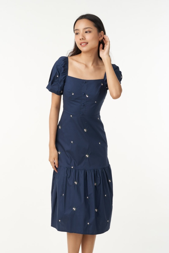 Jayleen Button Floral Midi Dress - Blue