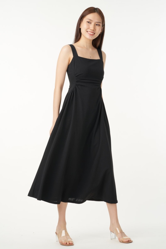 Erika Cinched Waist Midi Dress - Black