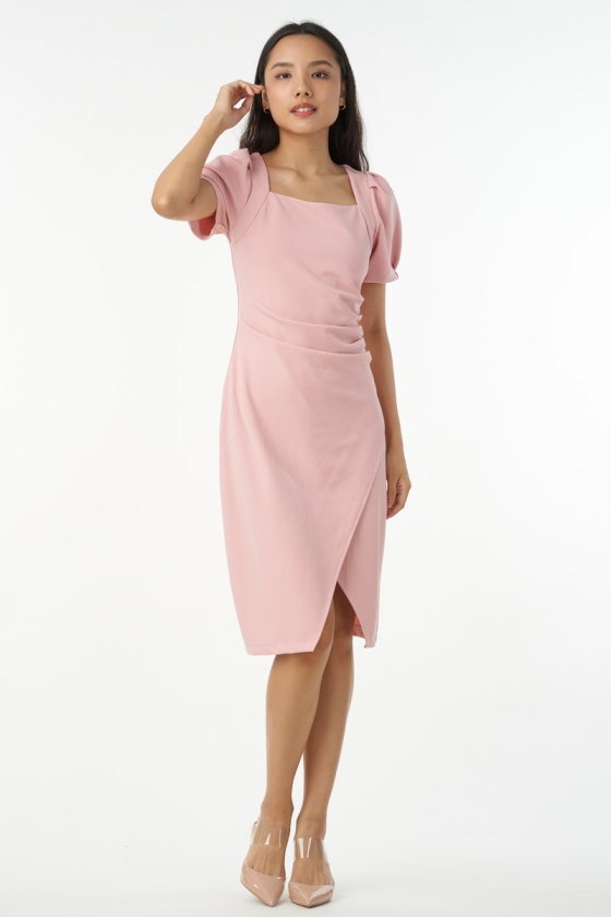 Micaela Puff Sleeve Ruched Dress - Pink