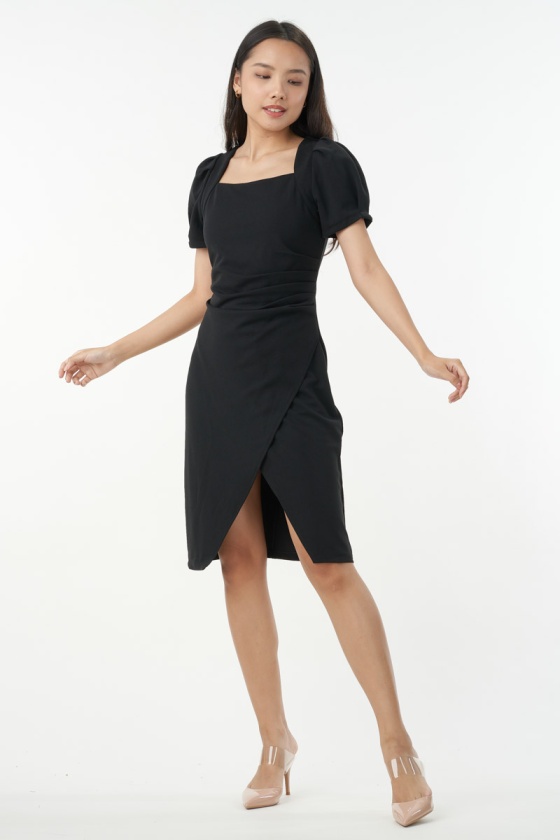 Micaela Puff Sleeve Ruched Dress - Black