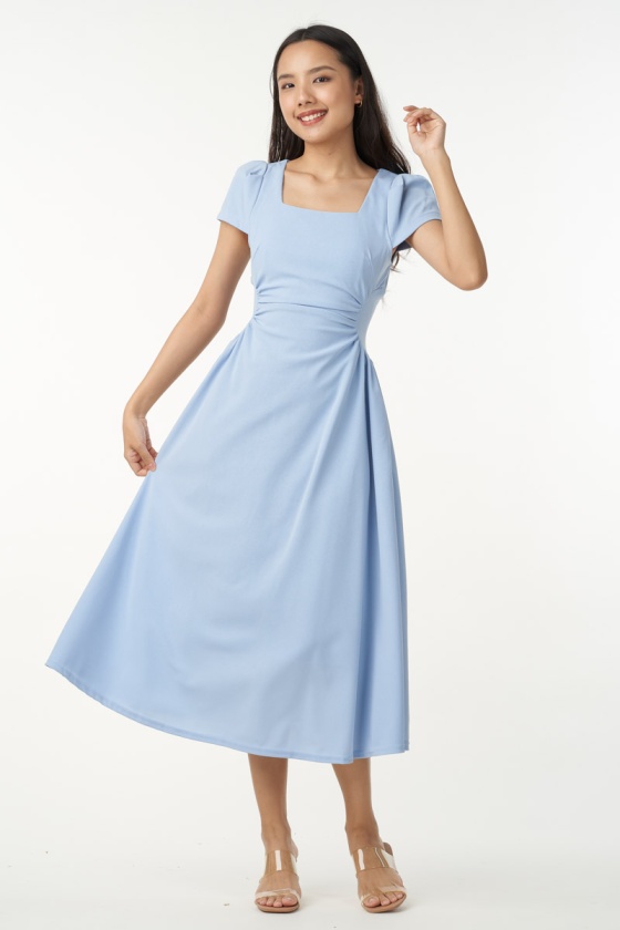 Bailee Cinched Waist Dress with Sleeve - Blue