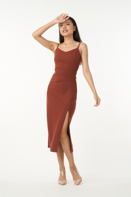 Karma Ruched Strap Dress - Brown