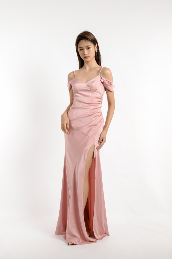 Georgia Satin Slit Dress - Pink