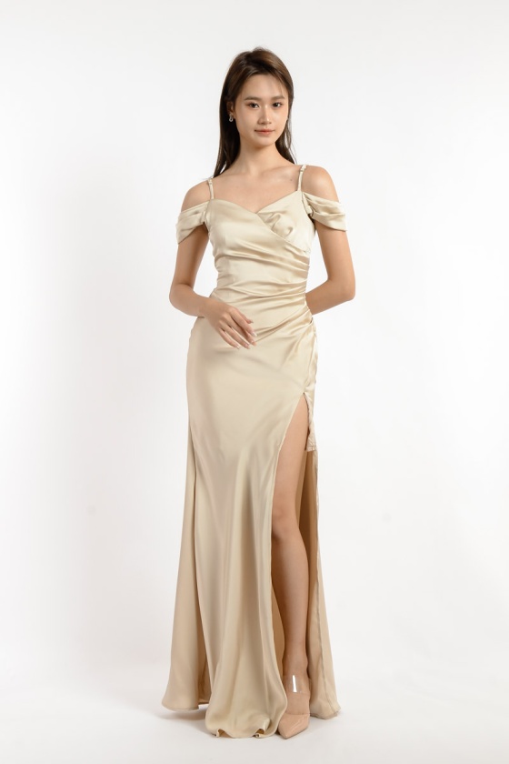 Georgia Satin Slit Dress - Champagne