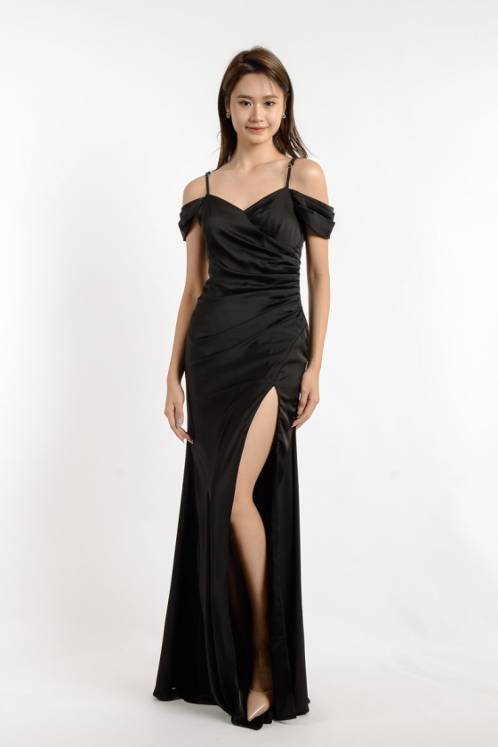 Georgia Satin Slit Dress - Black