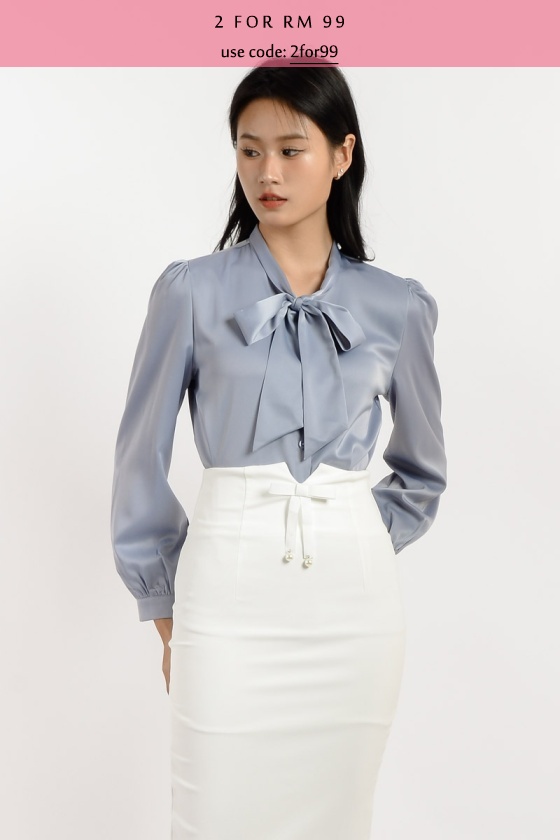 Bailey Bow Long Sleeve Top - Ash Blue