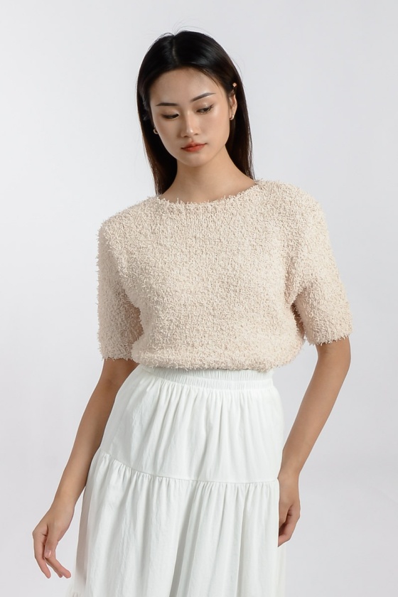 Rowan Furry Round Neck Top - Beige