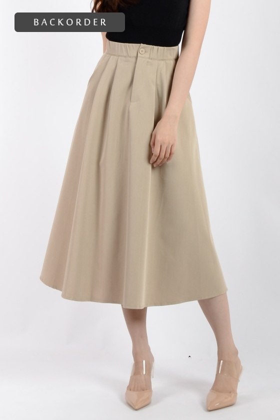 [BackOrder ETA 27 May] Lena Midi Flare Skirt - Khaki