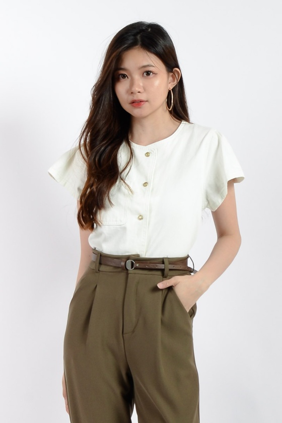 Tatum Flute Sleeve Button Top - White