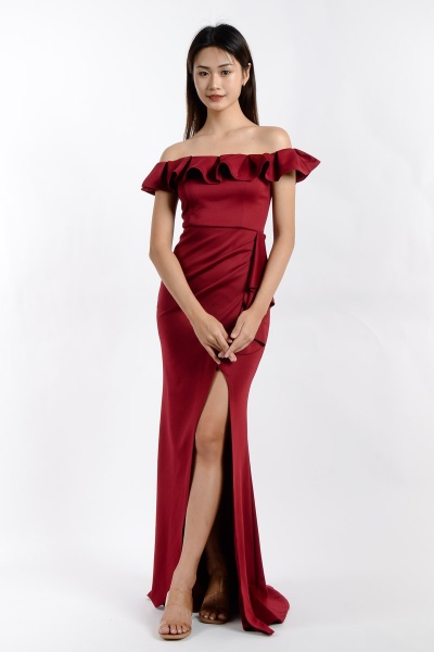 Jane Off Shoulder Ruffle Dress - Wine