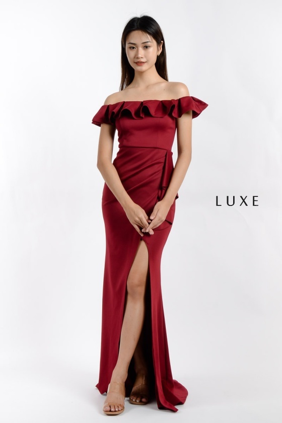 Jane Off Shoulder Ruffle Dress - Wine