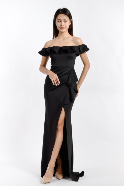 Jane Off Shoulder Ruffle Dress - Black