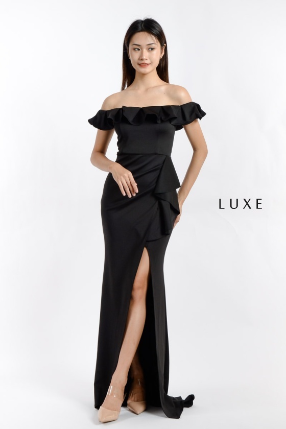 Jane Off Shoulder Ruffle Dress - Black