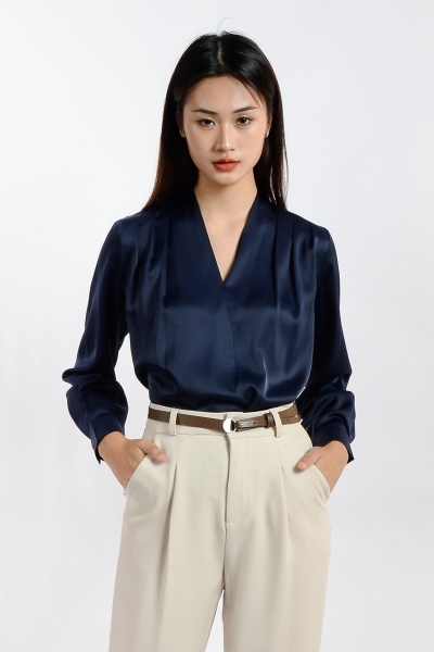 Ada V Neck Long Sleeve Top - Navy