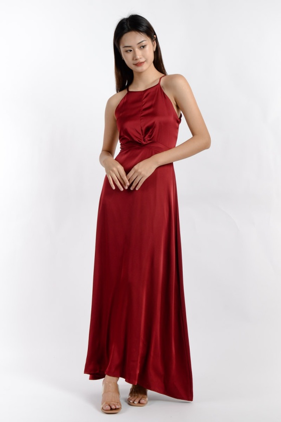 Vivienne Satin Halter Dress - Wine