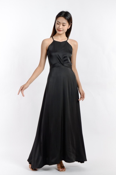 Vivienne Satin Halter Dress - Black