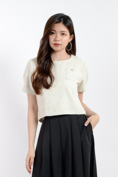 Mariana Bow Tweed Top - Beige