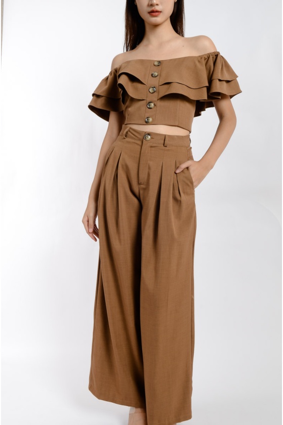 Daphne Off Shoulder Two-Piece Suit - Khaki
