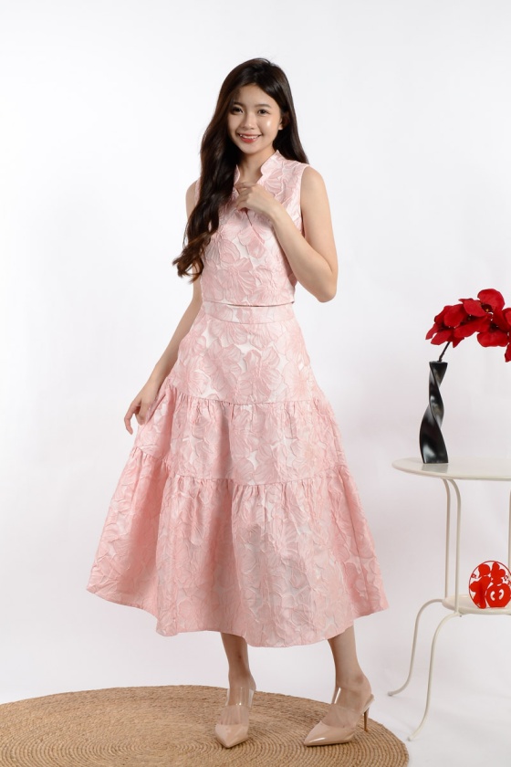 Huey Embossed Cheongsam Set - Pink