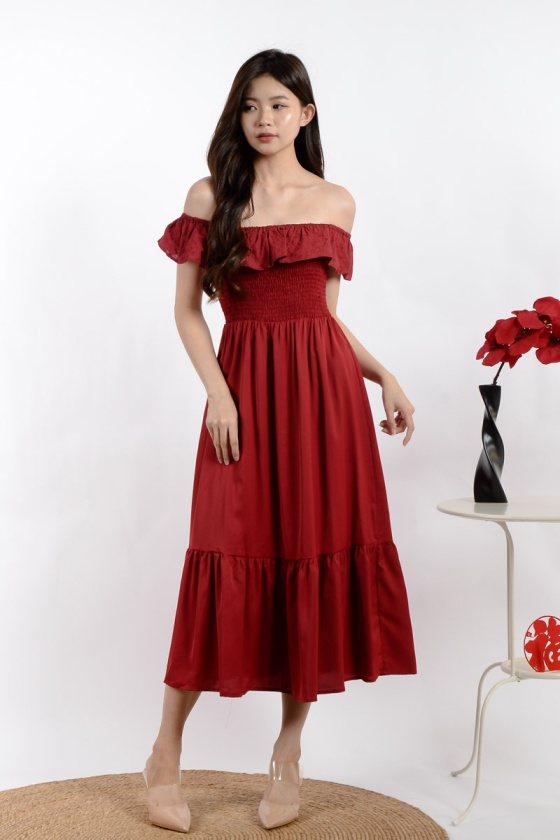 Jayla Off Shoulder Layered Dress - Wine