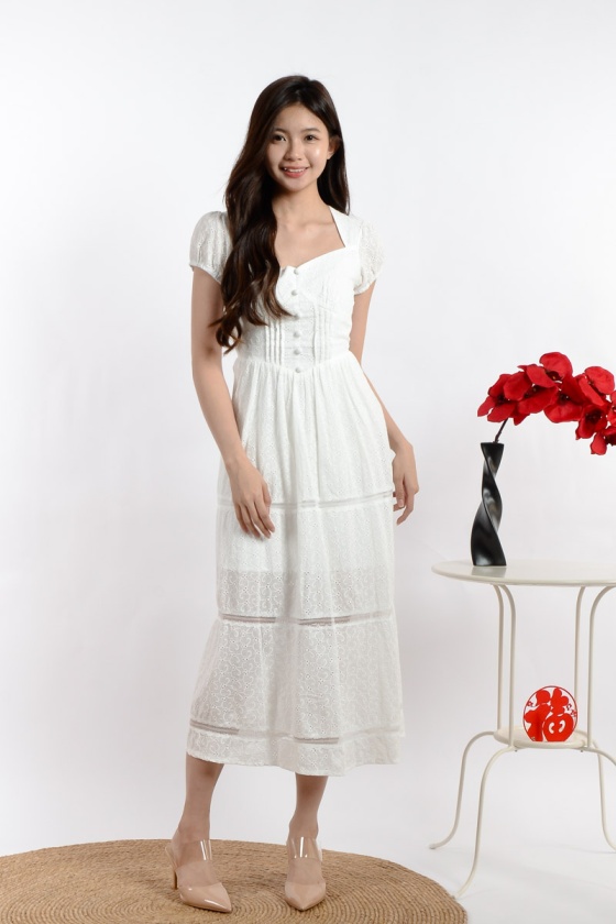 Celine Diamond Collar Eyelet Dress - White