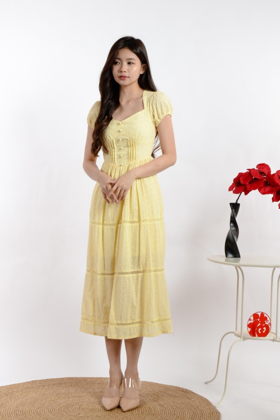 Celine Diamond Collar Eyelet Dress - Yellow