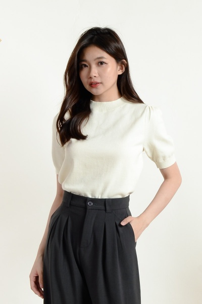 Alyssa Puff Sleeve Knitted Top - Beige