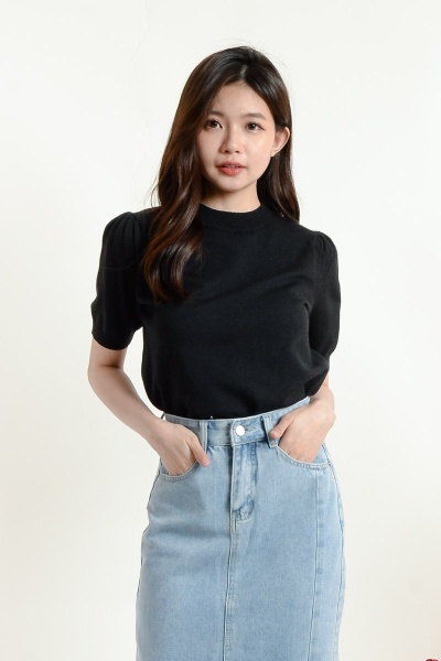 Alyssa Puff Sleeve Knitted Top - Black