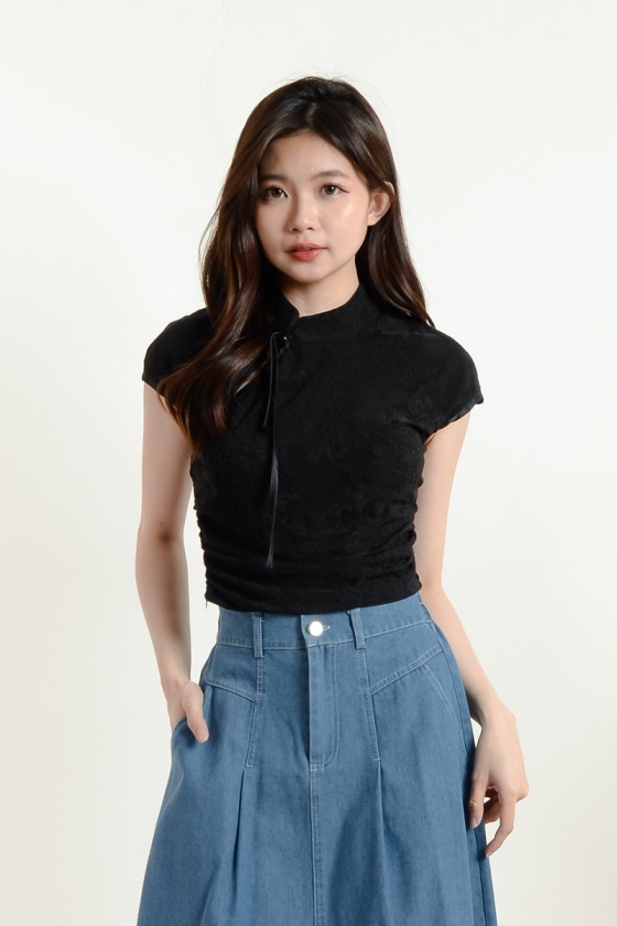 Sabrina Cinched Waist Cheongsam Top - Black