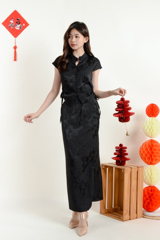 Loong Cinched Cheongsam Set - Black