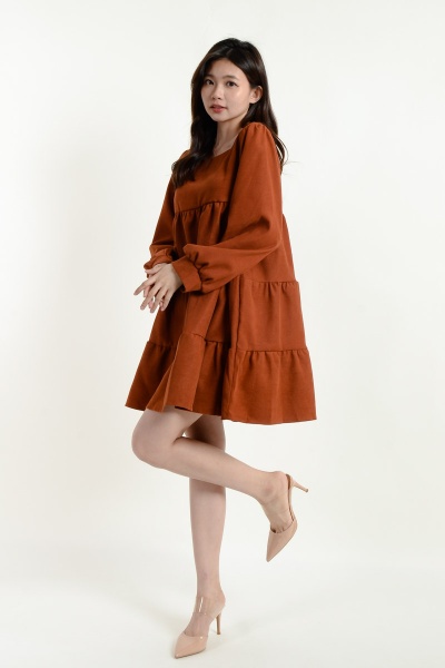 Rosemary Long Sleeve Layered Dress - Coffee