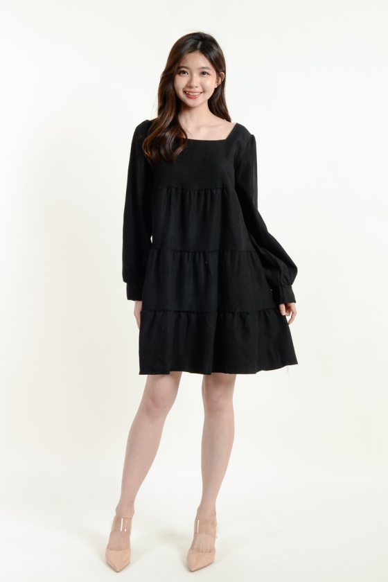 Rosemary Long Sleeve Layered Dress - Black