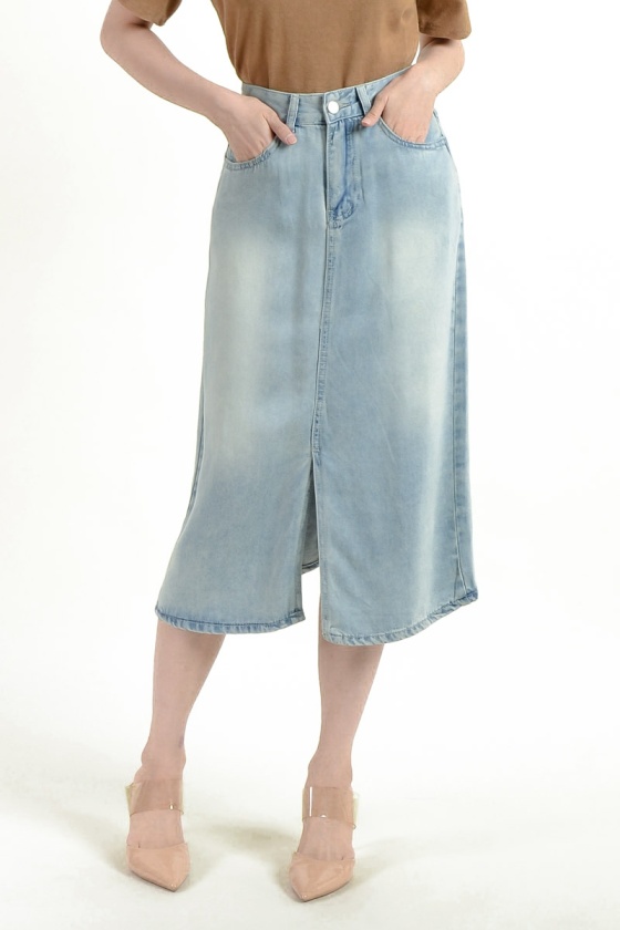 Kalani Denim Slit Skirt - Light Blue