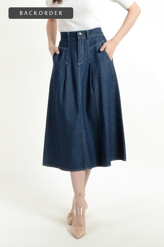 [BackOrder ETA 27 May] Izabella Midi Denim Skirt - Dark Blue