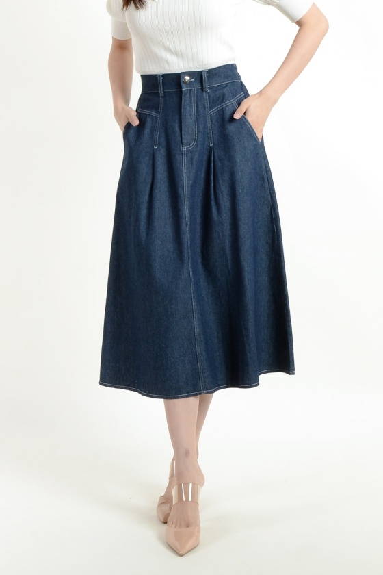 Izabella Midi Denim Skirt - Dark Blue