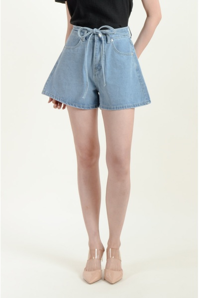 Aylin Bow Denim Shorts - Light Blue